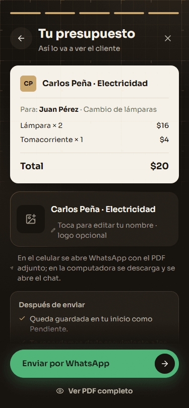 Vista previa del presupuesto de CotizGo: lámparas, tomacorriente y mano de obra con el total y el botón Enviar por WhatsApp