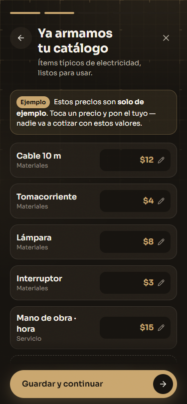 Catálogo con ítems típicos del oficio y precios de ejemplo editables