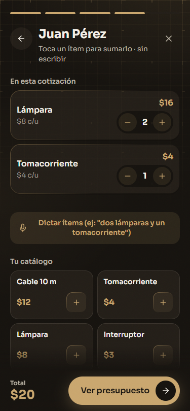 Pantalla para armar la cotización con cantidades y total