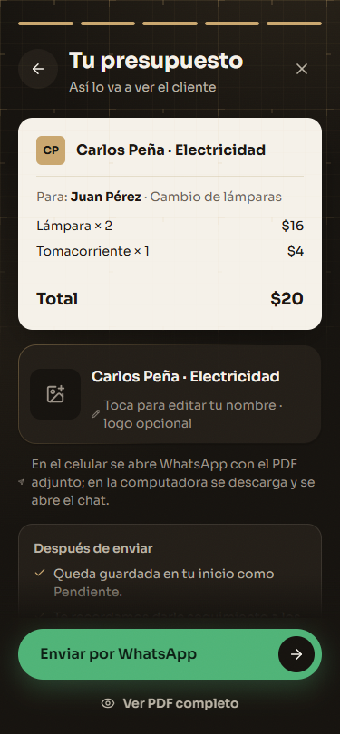 Vista previa del PDF con el botón Enviar por WhatsApp